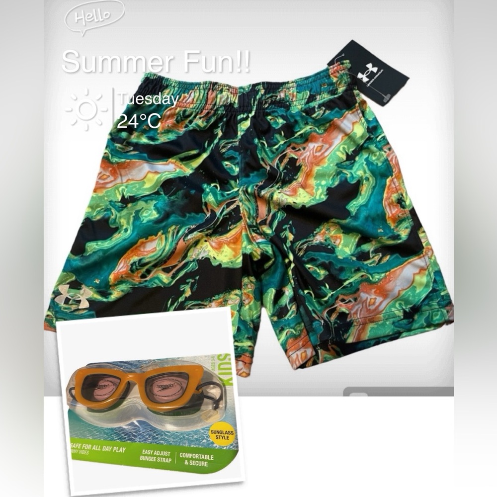 NWT. Boys Under Armour Shorts/Swim Trunks. Sz 6. Birdie Green. Speedo Goggles.